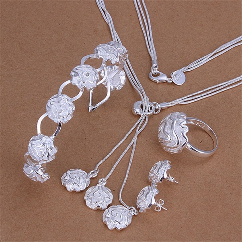 fine 925 sterling Silver flower bangle ring Bracelet necklaces stud earring for women Jewelry set charms Party gifts