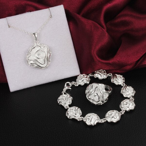 fine rose flower 925 sterling Silver rings Bracelets necklaces Jewelry set for women Party wedding accessories gifts
