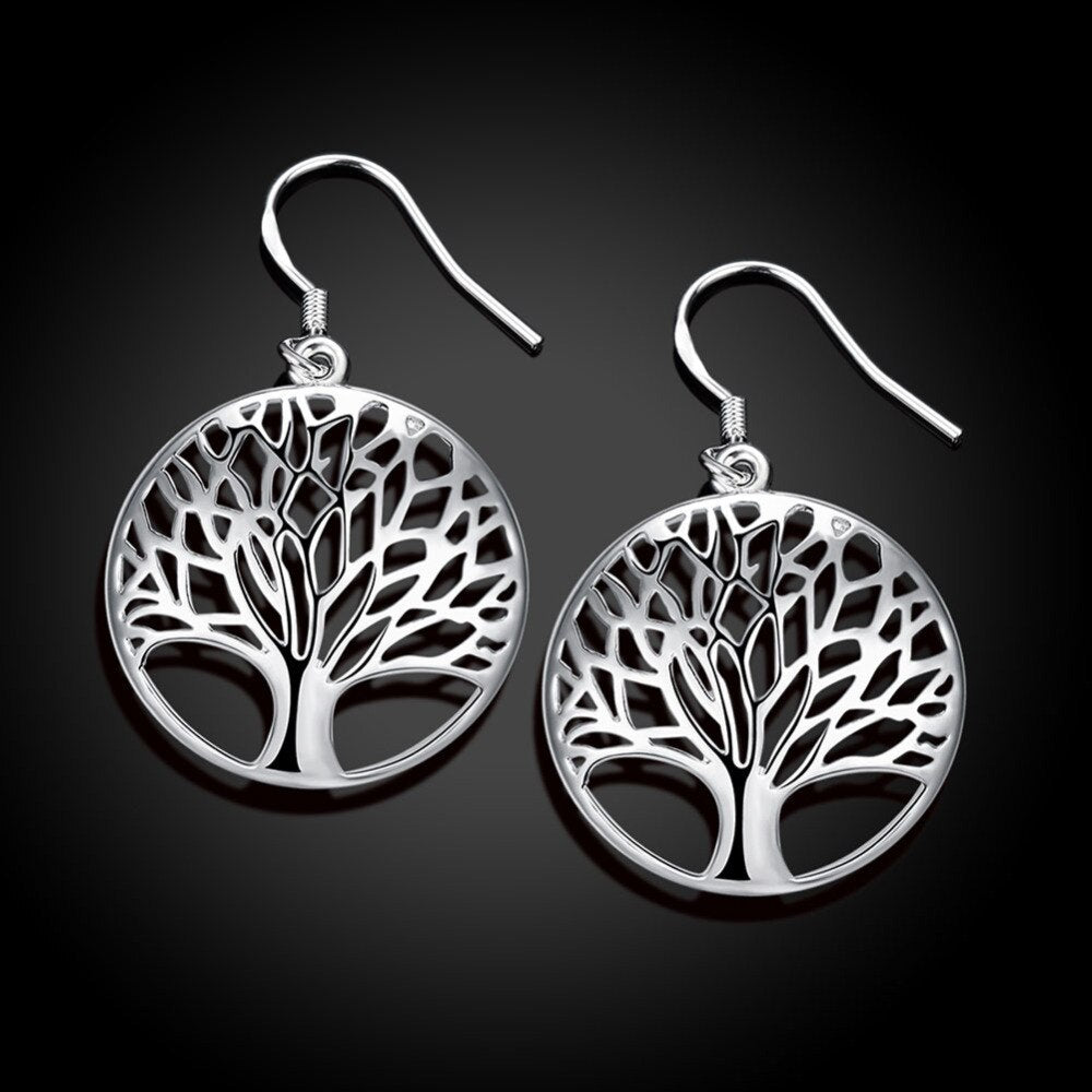 Pretty 925 Sterling Silver Hollow Round tree drop Earrings for Women Jewelry party Christmas Gifts