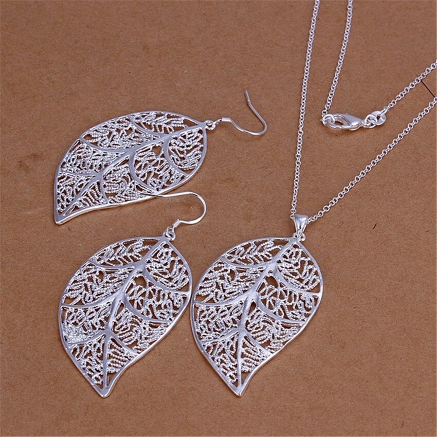 korean 925 Sterling Silver beautiful leaves necklace earrings for women designer Jewelry set Party wedding gifts