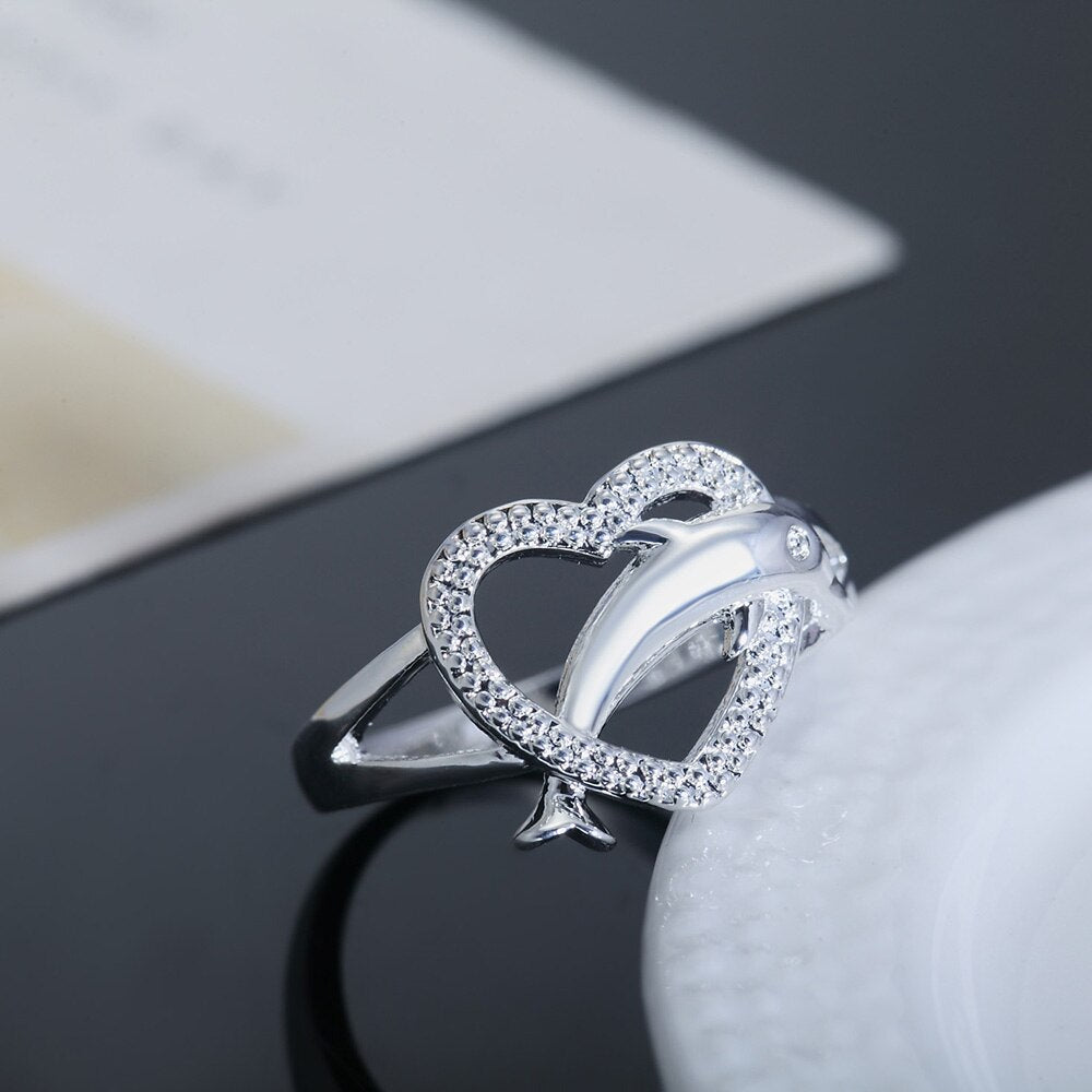 korean 925 Sterling Silver fine Love dolphins heart Rings For Women Couple gifts Party wedding Jewelry