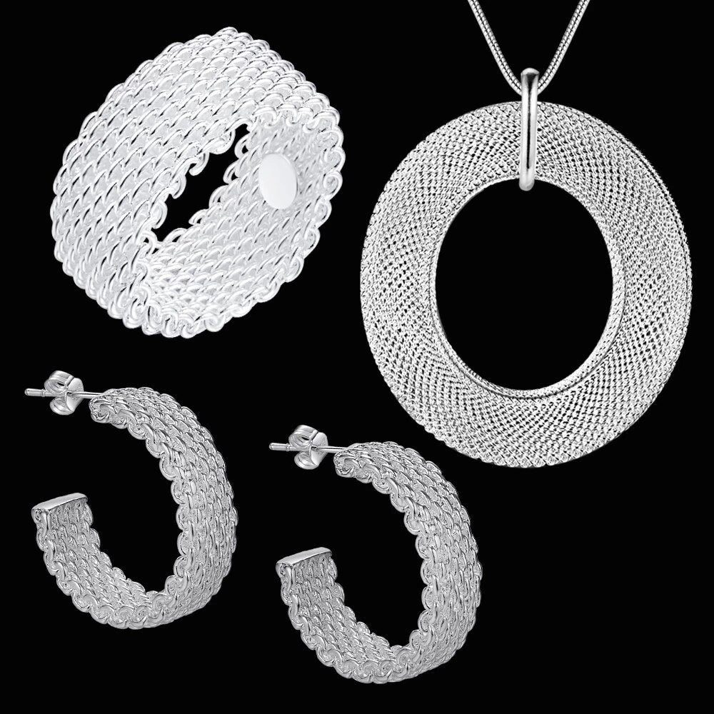 korean weave Mesh Pendant necklace earrings stud rings 925 sterling Silver Jewelry sets for woman Party wedding gift
