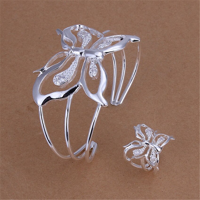korean wide crystal butterfly bangle 925 Sterling Silver rings Bracelets Jewelry set Party wedding accessories gifts