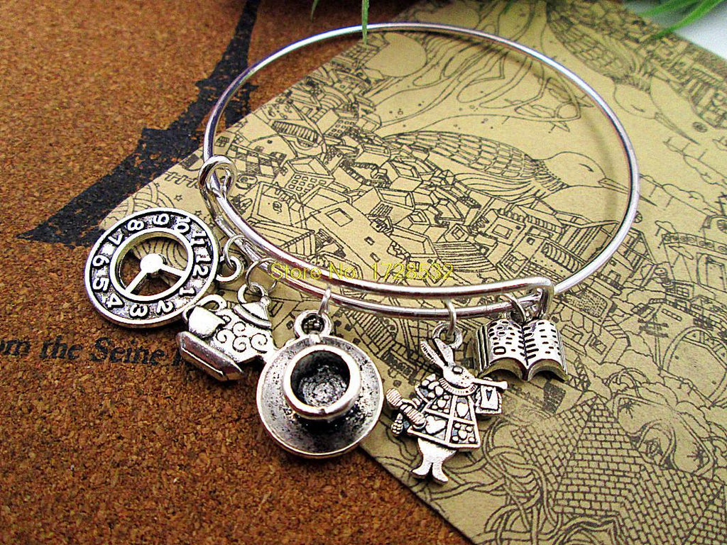 65mm bangles with Alice in Wonderland inspired bracelet Teapot with teacup Clock white rabbit opened book charms