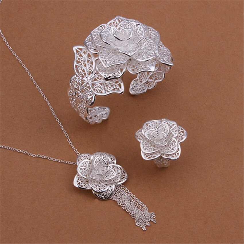 925 Sterling Silver Pretty big flower Pendant bangle rings bracelet necklaces for women wedding Jewelry sets
