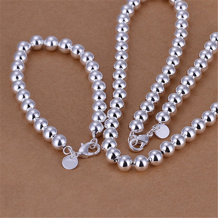 Classic 8MM beads 925 sterling Silver Bracelets necklace Jewelry set for Women Party wedding accessories Gifts
