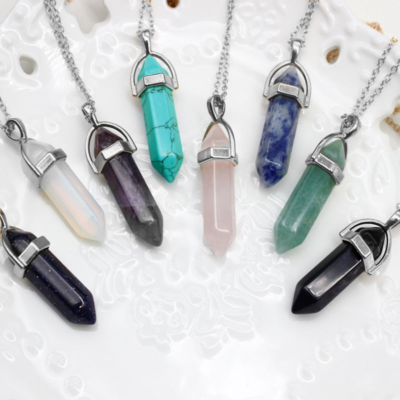 Hexagonal Column Quartz Necklaces Pendants Vintage Natural Stone Bullet Crystal Necklace For Women Jewelry