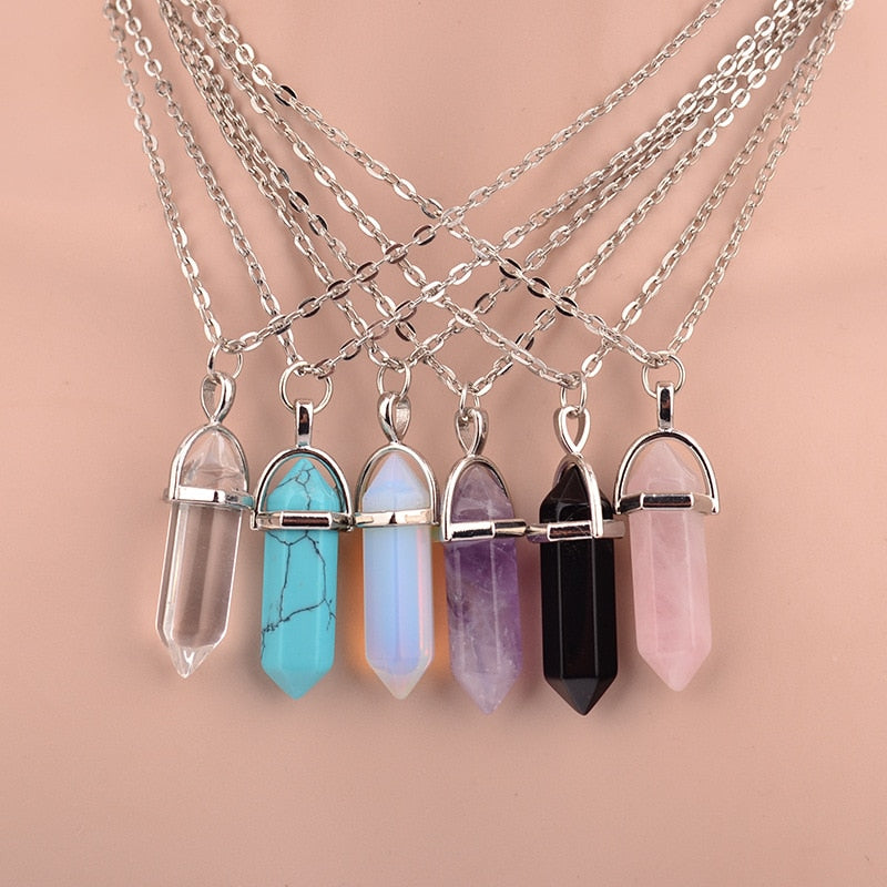 Hexagonal Column Quartz Necklaces Pendants Vintage Natural Stone Bullet Crystal Necklace For Women Jewelry