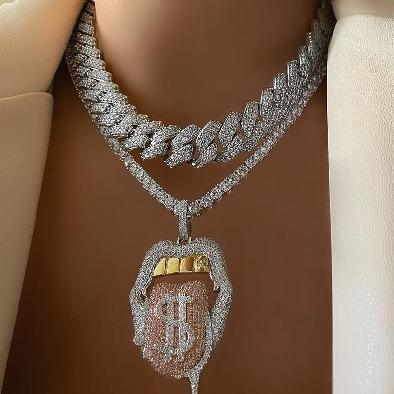 Hip Hop Drip Dollar Lip Necklace Jewelry Iced Out Bling CZ Cubic Zirconia Tongue Pendant Tennis Chain Holloween Gift