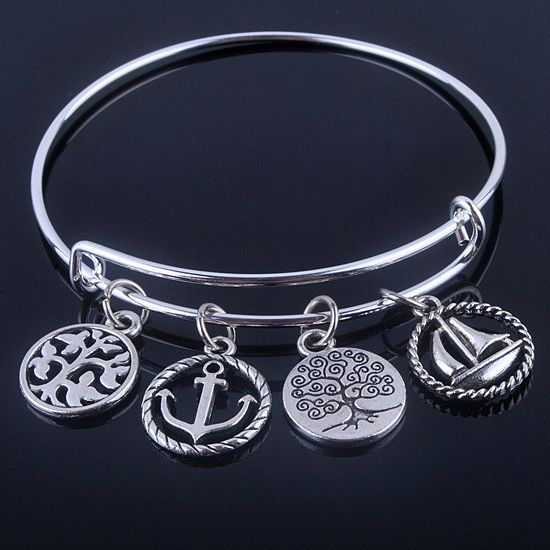 plated silver bracelets bangles adjustable expandable wire bracelets with anchor & life trees charms jewelry for women