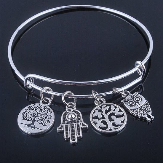 plated silver bracelets bangles adjustable expandable wire bracelets with anchor & life trees charms jewelry for women