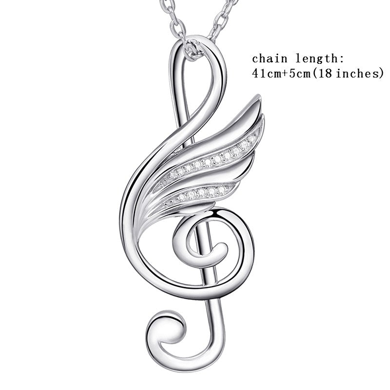 sterling silver 925 musical note wing chain pendant&necklace with cubic zircon diy craft fine jewelry making for women