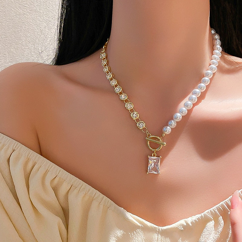 selling jewelry T-shaped buckle pearl rhinestone chain stitching short necklace clavicle chain item for women