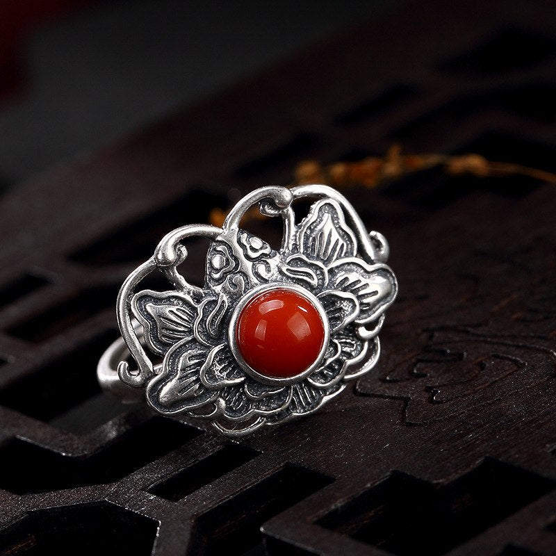 Hot silver S925 Sterling Silver Handmade matte made old peony inlaid red agate woman rings ring