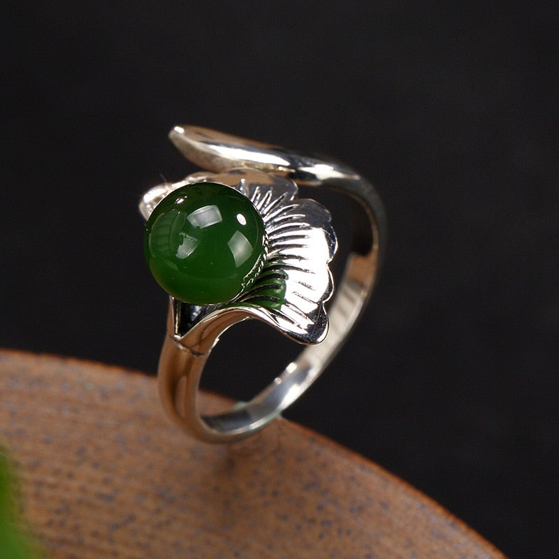 Hot silver S925 Sterling Silver and Tian Biyu round bead inlaid ginkgo leaf lady's high-end Joker ring