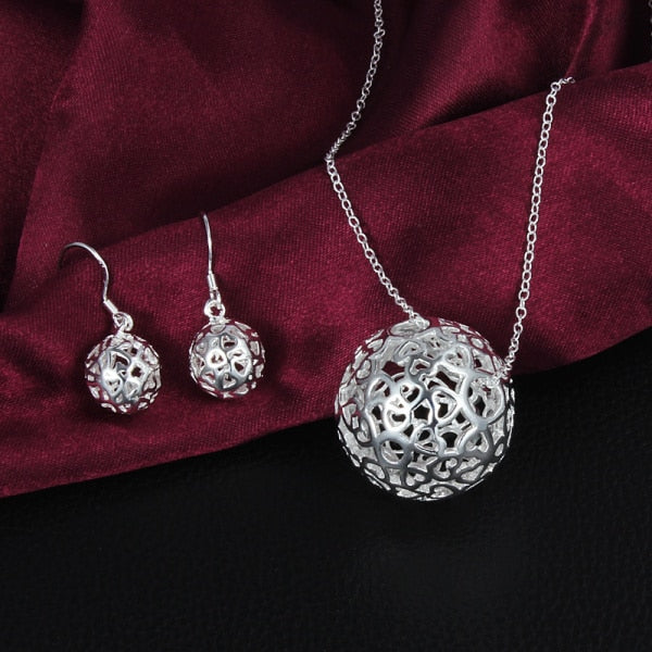 trend 925 sterling Silver Hollow Ball Pendant necklace earrings Jewelry set for women streetwear Party wedding gifts