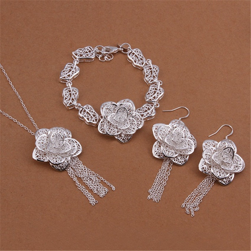 trend 925 sterling Silver fine flower Pendant necklace earrings bracelet Jewelry sets for women Party wedding Gifts