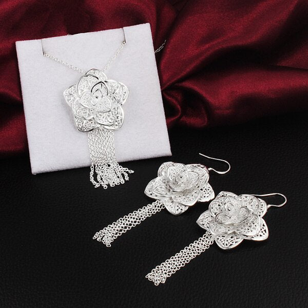 trend Pretty flower Pendant necklace earrings 925 Sterling Silver Jewelry set for women Party wedding Christmas gift