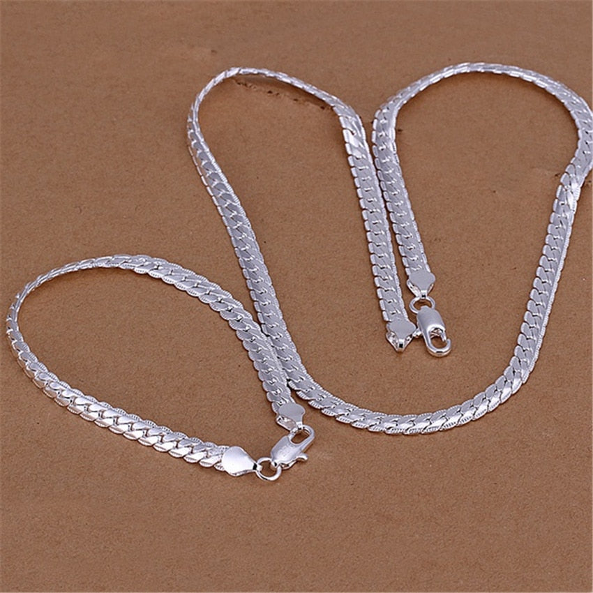 trend fine 5MM Flat Chain 925 sterling Silver Bracelets necklace Jewelry set for men Women wedding designer gifts