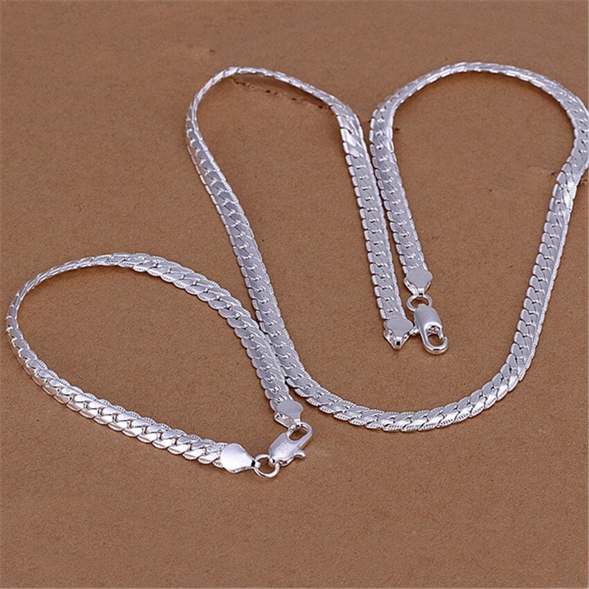trend fine 5MM Flat Chain 925 sterling Silver Bracelets necklace Jewelry set for men Women wedding designer gifts