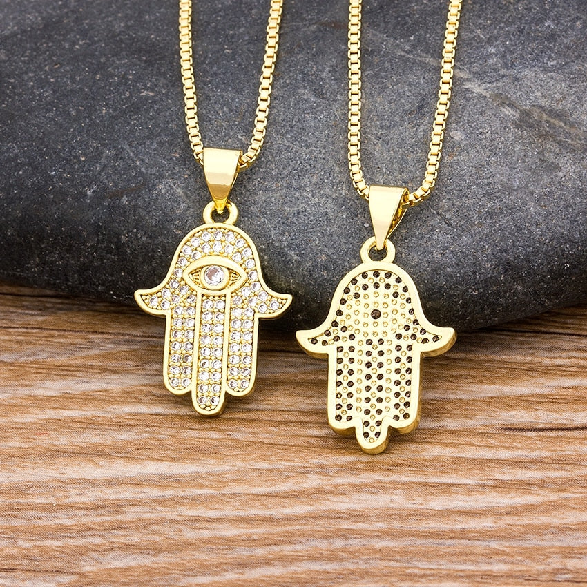 Hpt Women Men Hamsa Hand Necklace Gold Color Copper Zircon Evil Eye Pendant & Chain Hip Hop Turkish Luck Jewelry