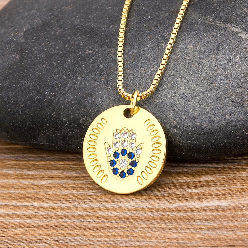 Hpt Women Men Hamsa Hand Necklace Gold Color Copper Zircon Evil Eye Pendant & Chain Hip Hop Turkish Luck Jewelry