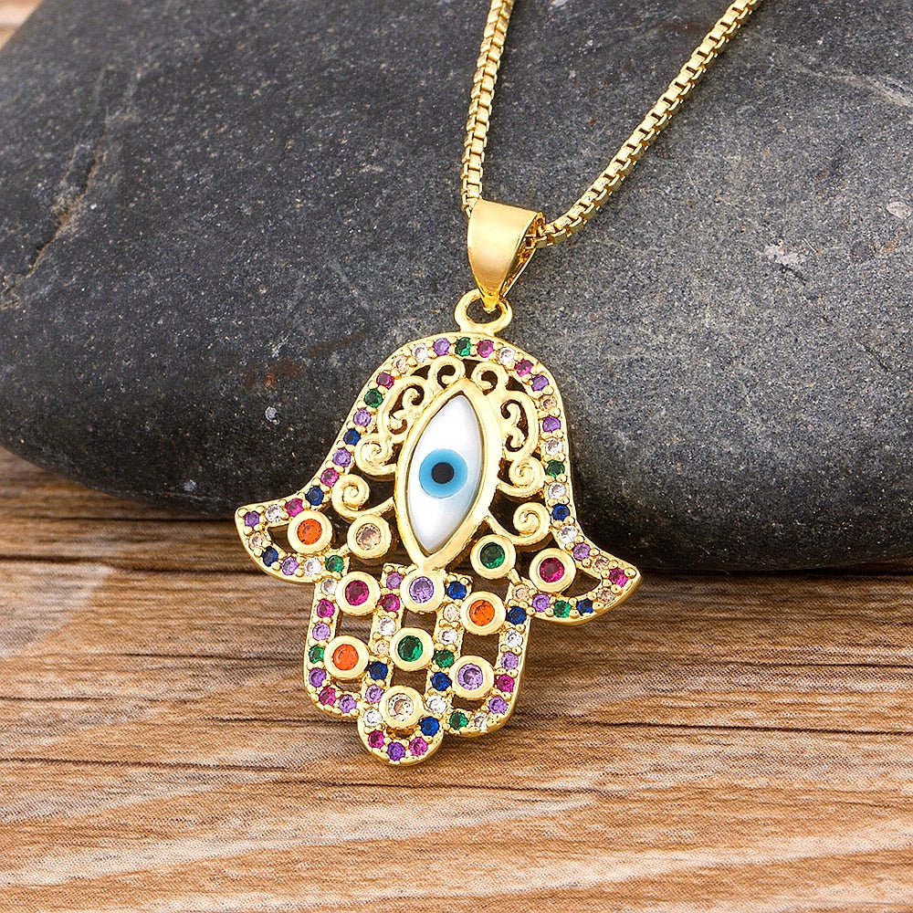 Hpt Women Men Hamsa Hand Necklace Gold Color Copper Zircon Evil Eye Pendant & Chain Hip Hop Turkish Luck Jewelry