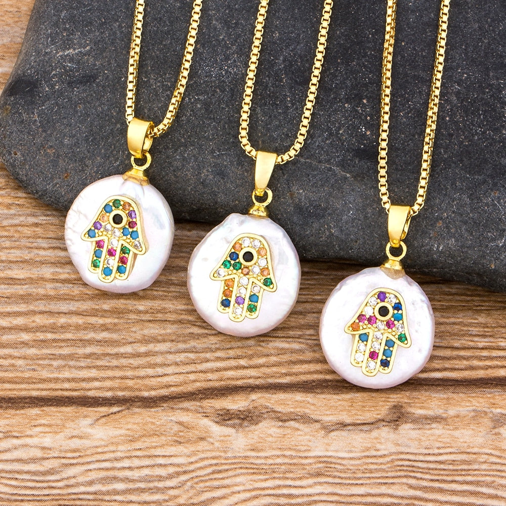 Hpt Women Men Hamsa Hand Necklace Gold Color Copper Zircon Evil Eye Pendant & Chain Hip Hop Turkish Luck Jewelry