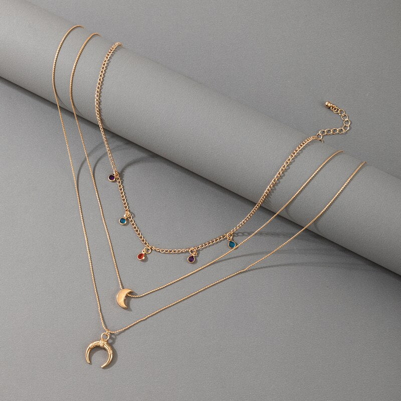 HuaTang Bohe Colorful Crystal Tassel Necklace Geometry Moon Cattle Horns Multi-layer Adjustable Clavicle Chain 2022 Jewelry
