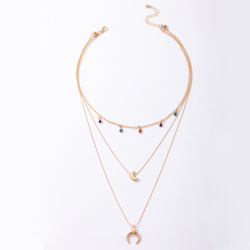 HuaTang Bohe Colorful Crystal Tassel Necklace Geometry Moon Cattle Horns Multi-layer Adjustable Clavicle Chain 2022 Jewelry