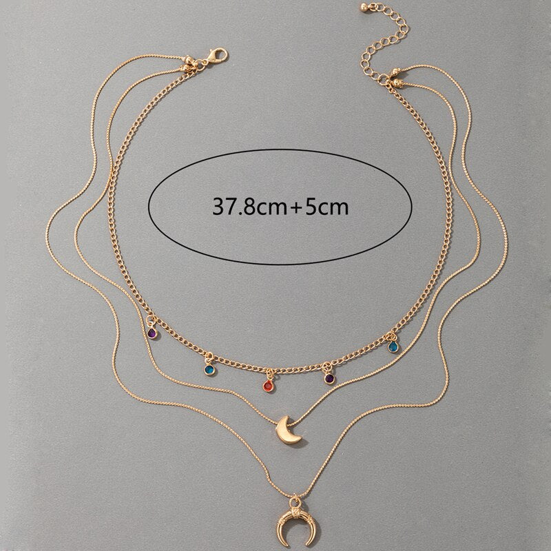 HuaTang Bohe Colorful Crystal Tassel Necklace Geometry Moon Cattle Horns Multi-layer Adjustable Clavicle Chain 2022 Jewelry