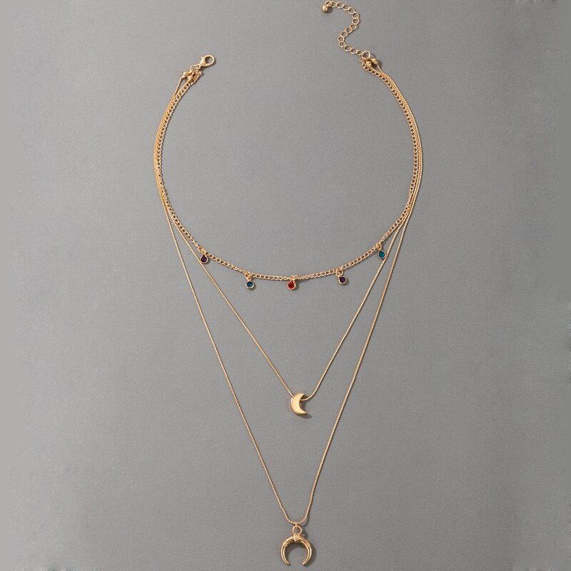 HuaTang Bohe Colorful Crystal Tassel Necklace Geometry Moon Cattle Horns Multi-layer Adjustable Clavicle Chain 2022 Jewelry