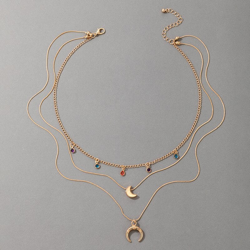 HuaTang Bohe Colorful Crystal Tassel Necklace Geometry Moon Cattle Horns Multi-layer Adjustable Clavicle Chain 2022 Jewelry