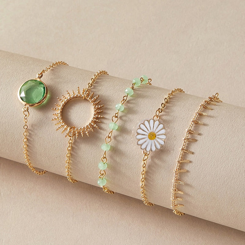 HuaTang  Boho Green Crystal Daisy Bracelets Set for Women Multilayer Gold Butterfly Sun Charms Bangle Female Adjustable  Jewelry