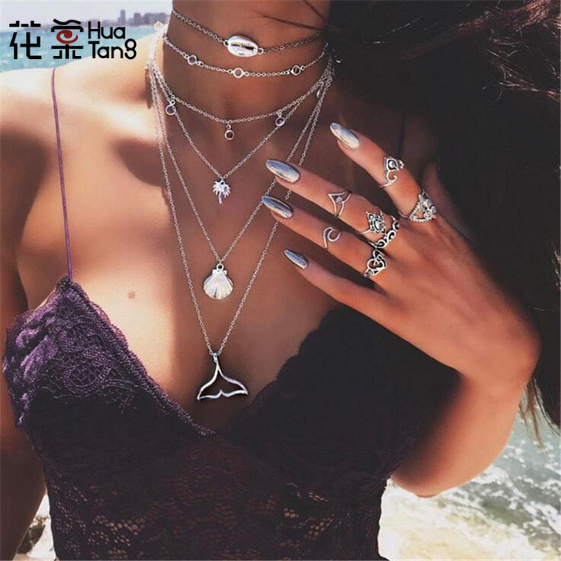 HuaTang Boho Silver Color Chain Pendant Necklace 6 Layered Crystal Necklace Steampunk Choker Jewelry Collar Women  4935