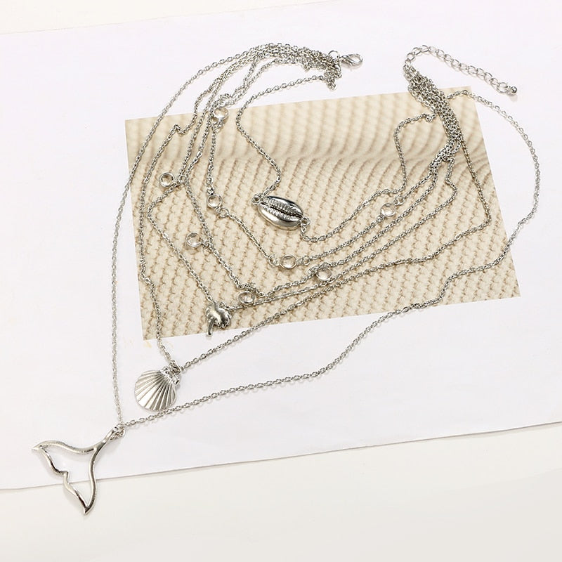 HuaTang Boho Silver Color Chain Pendant Necklace 6 Layered Crystal Necklace Steampunk Choker Jewelry Collar Women  4935