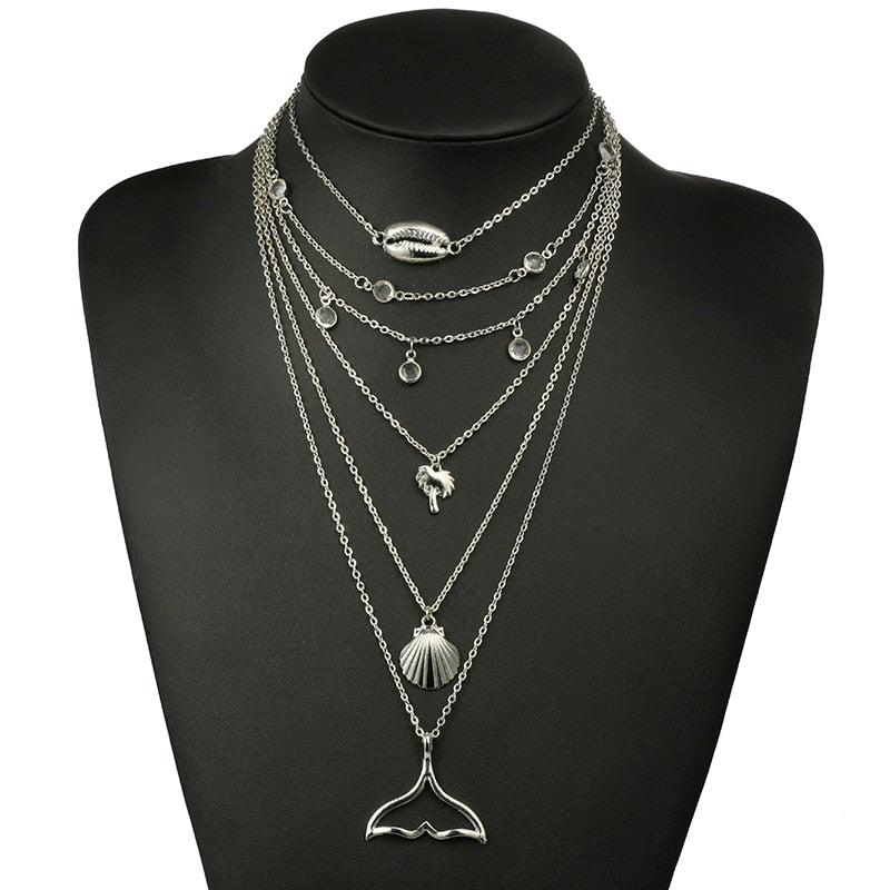 HuaTang Boho Silver Color Chain Pendant Necklace 6 Layered Crystal Necklace Steampunk Choker Jewelry Collar Women  4935