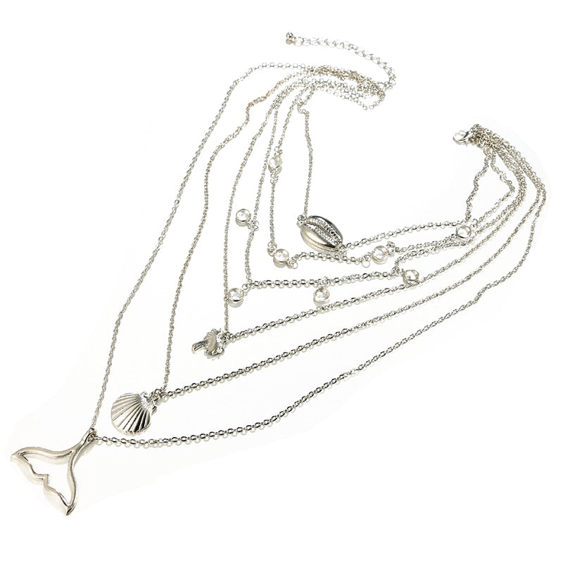 HuaTang Boho Silver Color Chain Pendant Necklace 6 Layered Crystal Necklace Steampunk Choker Jewelry Collar Women  4935