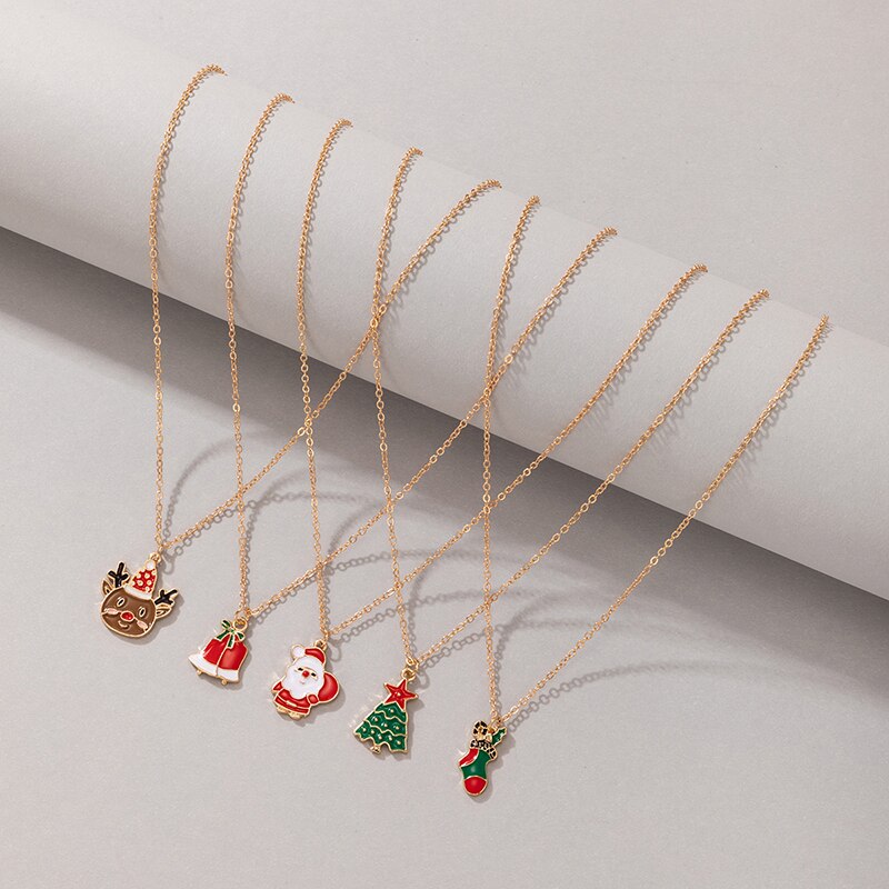 HuaTang Funny Santa Claus Pendant Necklace Set for Women Cute Elk Colorful Drop Oil Alloy Sweater Chain Christmas Jewelry 20662