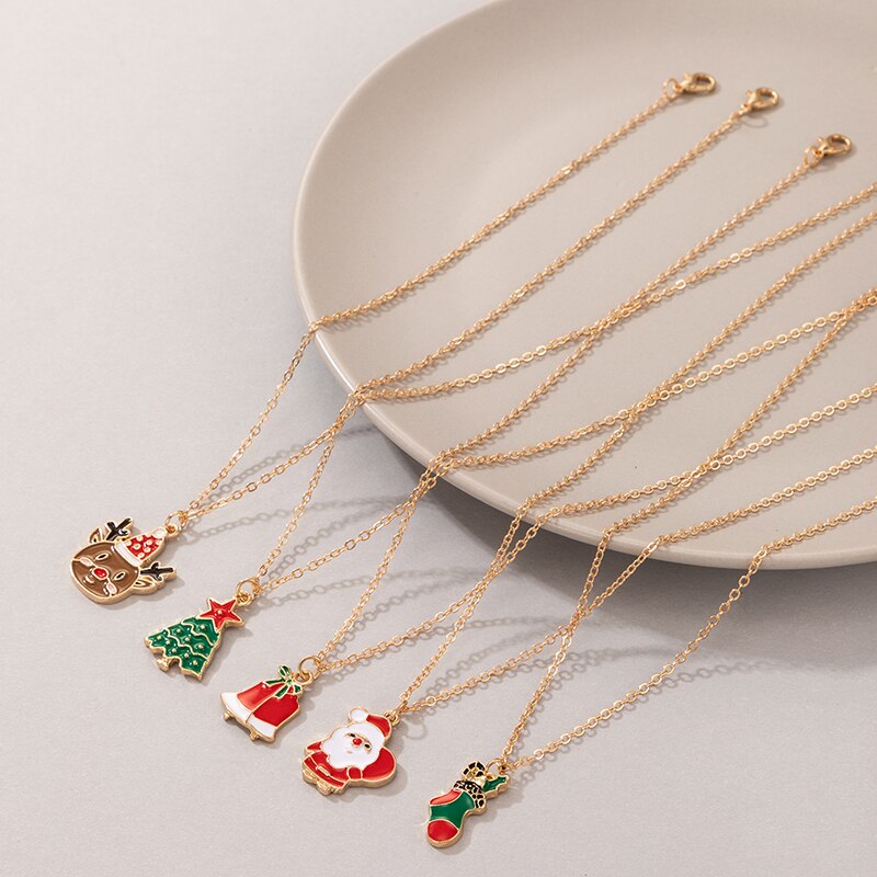 HuaTang Funny Santa Claus Pendant Necklace Set for Women Cute Elk Colorful Drop Oil Alloy Sweater Chain Christmas Jewelry 20662