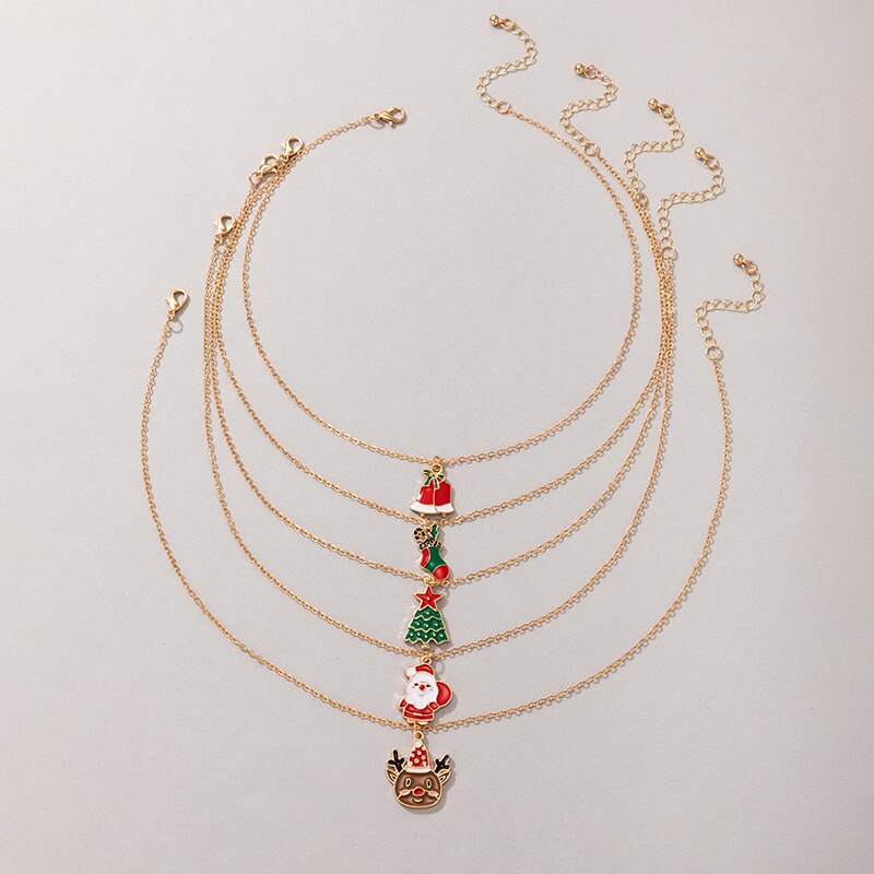 HuaTang Funny Santa Claus Pendant Necklace Set for Women Cute Elk Colorful Drop Oil Alloy Sweater Chain Christmas Jewelry 20662