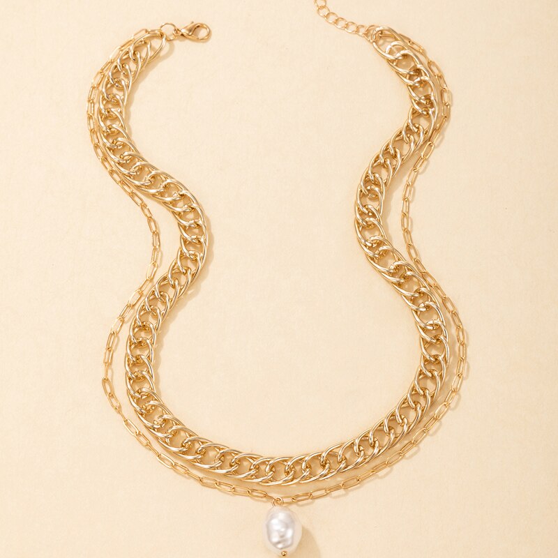 HuaTang Punk Pearl Penant Choker Necklace for Women Thick Gold Color Metal Chains Short Necklace Trendy Jewelry Party Gift 18452