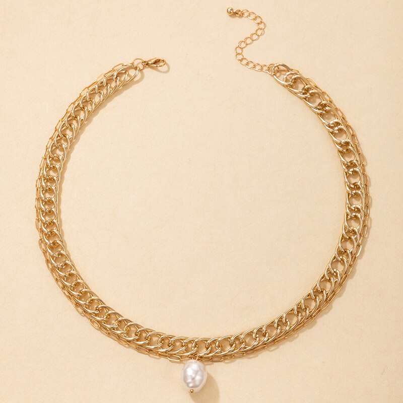 HuaTang Punk Pearl Penant Choker Necklace for Women Thick Gold Color Metal Chains Short Necklace Trendy Jewelry Party Gift 18452