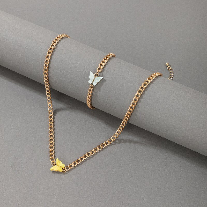 HuangTang Boho Butterfly Necklace Bracelet Set for Women Girls Colorful Acrylic Animal Choker Necklace Charming Jewelry 18690