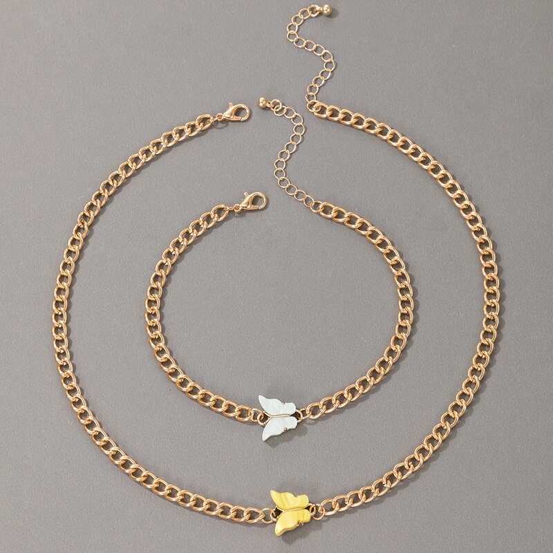 HuangTang Boho Butterfly Necklace Bracelet Set for Women Girls Colorful Acrylic Animal Choker Necklace Charming Jewelry 18690