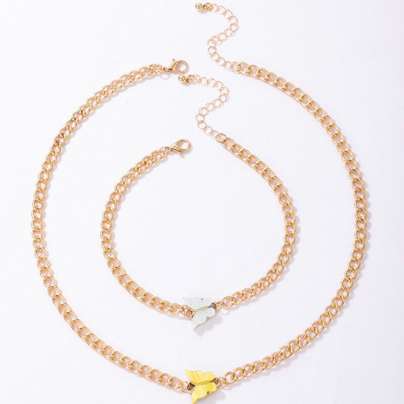 HuangTang Boho Butterfly Necklace Bracelet Set for Women Girls Colorful Acrylic Animal Choker Necklace Charming Jewelry 18690