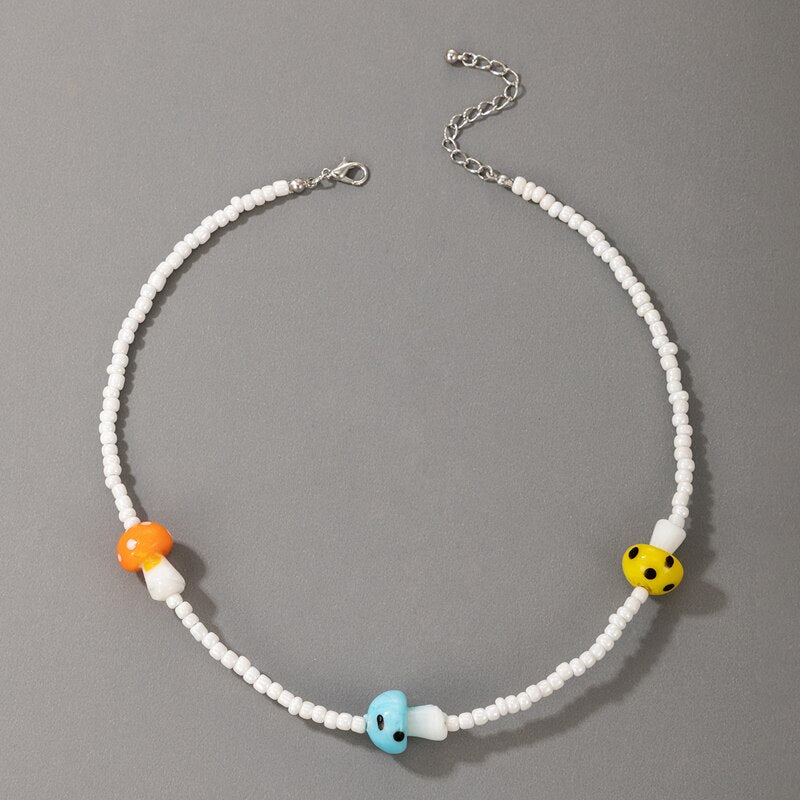 HuangTang Lovely Colorful Mushroom Pearl Choker Necklace for Women Girls Gold Color Heart Pendant Collar Summer Beach Jewelry