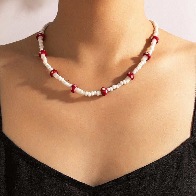 HuangTang Lovely Colorful Mushroom Pearl Choker Necklace for Women Girls Gold Color Heart Pendant Collar Summer Beach Jewelry