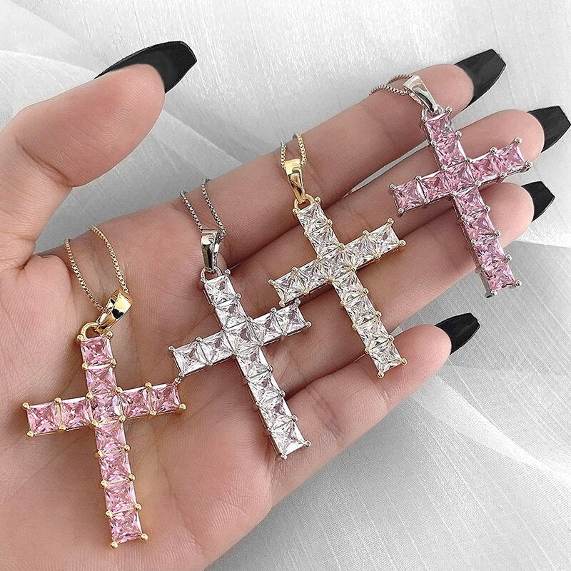 Huitan Hip Hop Girl's Cross Pendant Necklace with Brilliant Cubic Zirconia Rock Party Accessories for Women Personality Gift New