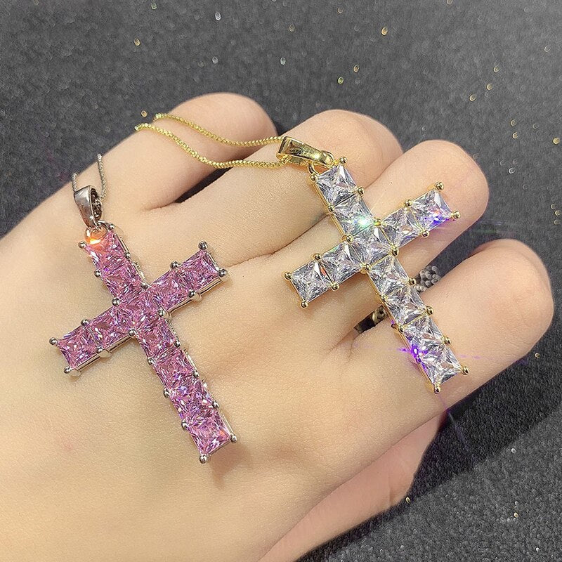 Huitan Hip Hop Girl's Cross Pendant Necklace with Brilliant Cubic Zirconia Rock Party Accessories for Women Personality Gift New